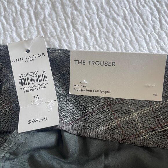Ann Taylor Factory Plaid Gray Mid-Rise Trousers SZ 14 Office Business NEW - Picture 3 of 9